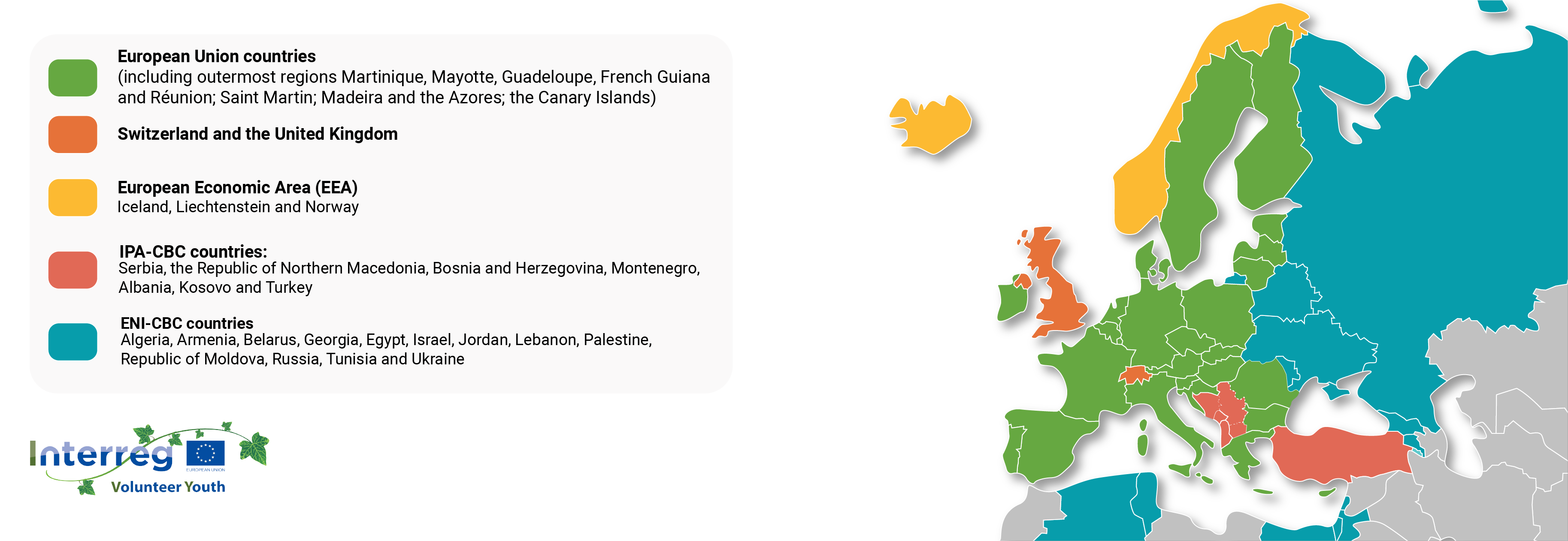 Carte des pays membres du volontariat Interreg Zone dans laquelle faire son volontariat Interreg