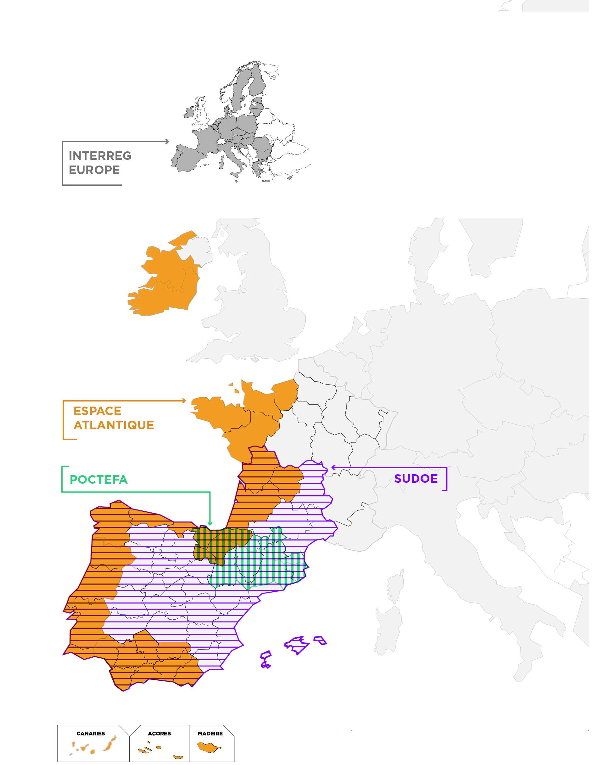 Carte des différentes coopérations territoriales européennes avec la Nouvelle-Aquitaine